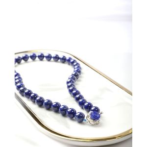 Collier de perles rondes en lapis-lazuli avec fermoir en forme de rose - Perles d'eau douce plaquées rhodium et agate turquoise - Bijoux tendance - Product Image 4