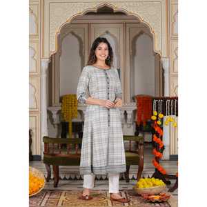 Ensemble Kurta Anarkali en coton imprimé géométrique pour femmes, blanc, 48 pouces, confortable, plusieurs tailles disponibles - Product Image 1