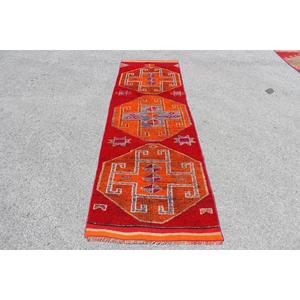 Vintage <b>Runner</b> Rug, 2.8x10.1 ft Turkish Rug, <b>Red</b> Herki Wool Rug - Product Image 1