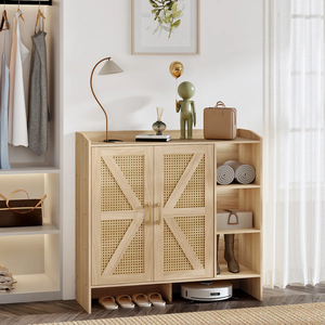 Gabinete de almacenamiento de zapatos de madera maciza de pie moderno 3 cajones plegables extensibles acabado de ratán natural para muebles de sala de estar - Product Image 3