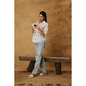 Chemise classique en lin blanc à pois, imprimée à la main, col vintage à nœud, boutonnée, amincissante, pour l'automne, le printemps et l'été - Product Image 3