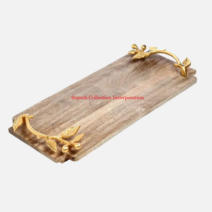 Plateau en bois brun de qualité supérieure avec poignée d'accent de feuille d'or plateau de service de nourriture décoratif de cuisine fournitures d'hôtel et d'événements - Product Image 6