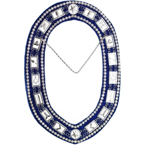 Collier de maçonnerie avec chaîne de la Loge Bleue et support bleu foncé, emblème des outils de travail maçonniques du Maître Maçon, badge métallique sculpté/plaqué - Product Image 1