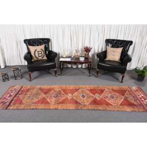 Alfombra de lana turca Vintage de 27x97ft, diseño clásico de retazos naranja y rojo, área grande, rectángulo, pasillo, tejido plano con respaldo de piel - Product Image 2