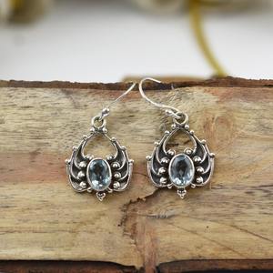 Boucles d'oreilles tendance en argent sterling 925 avec topaze bleue, bijoux faits à la main, style bohème, pour femmes, cadeau pour filles - Product Image 3