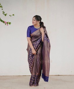 Elegante diseñador moderno Kanjivaram algodón sari con Banarasi trabajo blusa de seda lavable a máquina para bodas ocasiones especiales - Product Image 6