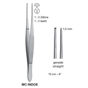 Pinzas McINDOE 1x2 Z para Tejido, 1.5mm, 15cm, con Dientes, para Manipulación Fina de Tejido Quirúrgico, Manuales, Certificadas por MOL, Instrumentos de Cirugía Plástica - Product Image 1