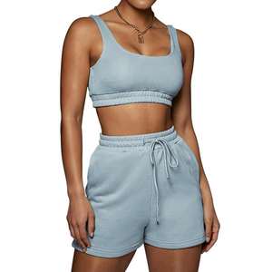 Vente en gros de shorts 100% coton solides et décontractés ensemble de vêtements de sport pour femmes crop top deux pièces et short à cordon - Product Image 5