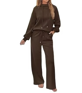Conjuntos Deportivos de Punto Marrón Oscuro para Mujer Hechos a Medida al por Mayor, Sudadera con Capucha de Punto, Pantalones Anchos de Corte Holgado, Conjunto de Punto de Primera Calidad - Product Image 1