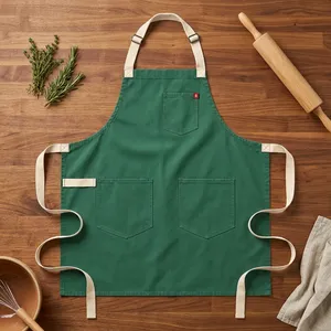 Green Canvas Bib <b>Apron</b> with Multiple Pockets Reusable Heavy Duty Water Resistant Classic Style for Cooking Daily Use - Product Image 1