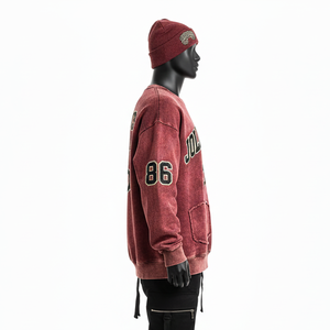 Sudadera para Hombre, Estilo Desgastado, de Algodón Cepillado, Color Granate Lavado, con Bolsillo Delantero, Logotipo Estampado, Estilo Básico - Product Image 3