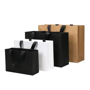 库存4种尺寸白色黑棕色可回收婚礼派对优惠礼品袋牛皮购物纸袋带丝带手柄