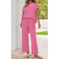 Ensembles de pulls décontractés en coton pour femmes, hauts en tricot brodés à manches courtes et pantalons plissés à jambes larges