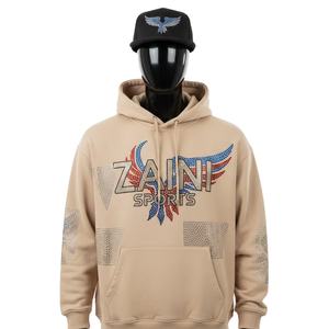 Sweat à capuche pour homme en coton mélangé lourd, molleton 320 GSM, beige neutre, logo en cristal thermocollé, streetwear, sweat-shirts basiques pour homme - Product Image 1
