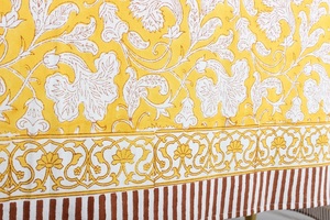 Saffron Yellow and Deep Pruce Indian Floral Handmade Block Printed Cotton <b>Tablecloth</b> Rectangle for Wedding and Dining - Product Image 5