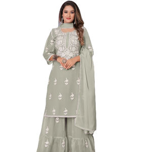 Último diseñador Fab Zone Party étnico indio Saree Faux Georgette bordado secuencia trabajo Sharara traje para adultos - Product Image 1