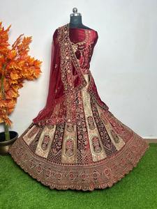 Luxurious Velvet Bridal Lehenga Choli Multi-Colour 12 Kali 5 <b>Meter</b> Flair Double Dupatta Butti Jarakan Rajwadi Look Set Parties - Product Image 5