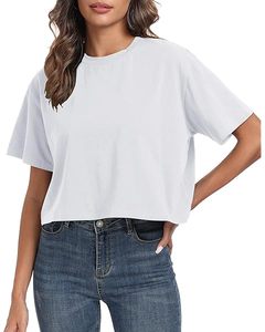 Camiseta de moda para mujer con cuello redondo de manga corta tela de algodón de estilo liso informal perfecta para el uso diario y al por mayor a granel - Product Image 5