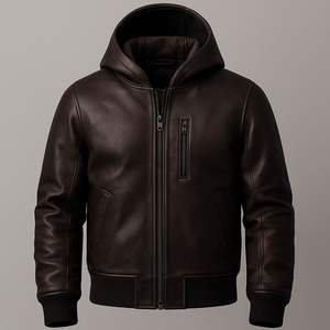 เสื้อแจ็คเก็ตหนังแท้สีน้ำตาลสำหรับผู้ชาย มีฮู้ด ซิปเต็มตัว สไตล์ลำลอง รับผลิตแบบ OEM/ODM - Product Image 3