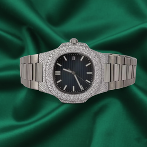 <b>Mens</b> Silver Iced Watch Black Dial <b>Stainless</b> <b>Steel</b> <b>Bracelet</b> Elegant High Shine Design Full Stone Set Look Custom Logo Available - Product Image 1