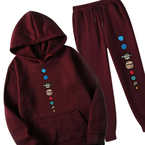 Conjunto Deportivo con Sudadera con Capucha Estampada de Planeta para Niños y Niñas, Conjunto de Jogger de Felpa, Color Granate, Ropa Deportiva Informal de Invierno - Product Image 5