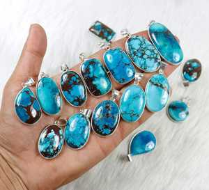 จี้อัญมณีสีเทอร์ควอยส์ธรรมชาติจี้ชุบเงินจี้รูปร่างผสมขายส่งเครื่องประดับสร้อยคอเทอร์ควอยซ์ - Product Image 3