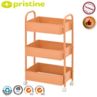 Chariot de rangement métallique à trois niveaux avec revêtement poudré, organisateur mobile à quatre roues pour fournitures de bureau et artisanat, forme rectangulaire, style minimaliste