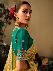 Sari en soie pure de designer indien pour tenue de mariée avec bordure brodée et blouse, soie douce pour tenue de soirée, sari en soie - Product Image 4