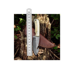 Hoja de Damasco personalizable, cuchillo de caza y acampada, mango de madera hecho a mano, soporte de grado OEM DIY con Funda de cuero de hueso - Product Image 1
