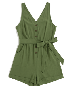 Mono verde sin mangas con cuello en V para mujer, con cinturón y bolsillos, informal, para primavera/verano, con etiqueta de logotipo personalizado. - Product Image 4