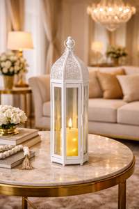 White Metal <b>Tall</b> Moroccan <b>Lantern</b> with Glass Panels Intricate Cutwork Soft LED Glow for Elegant Home Decor and Gifting - Product Image 2