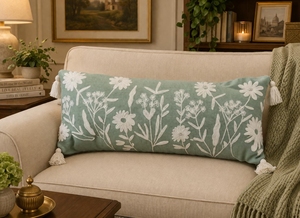 Funda de Almohada Lumbar de Algodón Bordada con Motivos Florales, Hecha a Mano, Decorativa, con Borlas, para Sofá - Product Image 3
