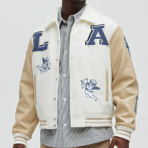 <b>Men's</b> Casual Varsity <b>Jacket</b> Genuine <b>Leather</b> Chenille Embroidery Street Style Wool PU Heated Zipper Closure Letterman - Product Image 1