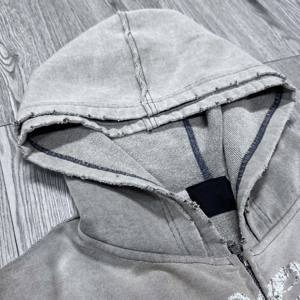 Sweat à capuche vintage en coton lourd avec logo imprimé numérique en strass personnalisé en gros pour hommes, streetwear, sweat à capuche zippé délavé - Product Image 2