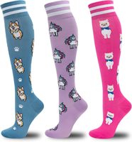 Chaussettes de compression montantes en coton pour femmes, motif dessin animé Corgi Licorne Alpaga, respirantes, avec revers rayé, chaussettes de sport fantaisie