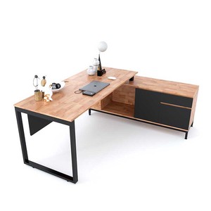 Table d'ordinateur exécutive 180x150cm, design moderne et contemporain, avec armoire intégrée en bois d'hévéa - BGD68059, mobilier de bureau stable - Product Image 3