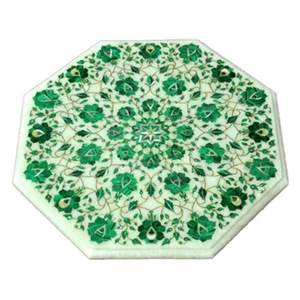 Plateau de table basse octogonal en marbre blanc avec incrustation de malachite, art en pierre semi-précieuse fait à la main - Product Image 1