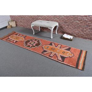 Vintage <b>Rug</b>, 2.4x10 ft <b>Runner</b> <b>Rug</b>, Orange Check Wool Turkish <b>Rug</b> - Product Image 2