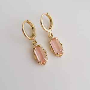 Rose Quartz Charm <b>Huggie</b> <b>Hoop</b> 925 <b>Silver</b> Gold Plated Earrings Vintage Style Earrings Gift for Her Quartz Earrings - Product Image 1