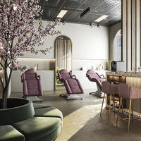 Présentation du mobilier de salon de beauté biophilique : comptoir d'accueil en terrazzo, lit de soin mauve et canapé circulaire vert pour salon moderne