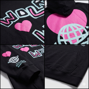 Sudadera con capucha negra para hombre con estampado de corazón rosa y globo terráqueo, ropa casual de calle para otoño, corte regular, algodón French Terry - Product Image 2