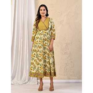 Vestido Largo Estampado Jaal de Algodón Amarillo Crema, Elegante, Talla Única XS, con Mangas Abullonadas, para Fiestas de Cumpleaños, Oficina, Trabajo, Club, Uso Diario - Product Image 4