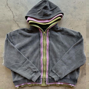 Nouvel arrivage de sweat à capuche de couleur unie de style de rue d'hiver en coton vintage surdimensionné triple fermeture éclair impression numérique techniques de teinture unie - Product Image 6