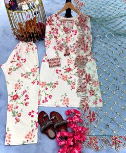 Top de trabajo con estampado y bordado de secuencia de seda Modal de desgaste étnico indio y bordado de secuencia de red Palazzo Butter Fly Dupatta - Product Image 2