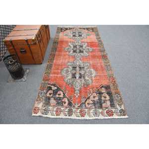 Turkish Rug 3.7x8.2 ft Vintage Traditional Eco Friendly <b>Red</b> Blue Patchwork <b>Wool</b> Rug with Latex Backing - Product Image 1