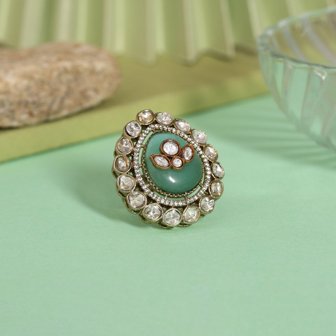 Pista Green Color Handmade Premium Quality Brass Metal Moissanite Stone Jaipur Finger Rings (ADR622PGRN)