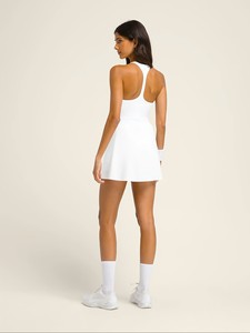 Robe de tennis blanche pour femme avec rayures rouges et bleu marine, sans manches, ajustée, anti-transpiration, vêtements de sport - Product Image 5