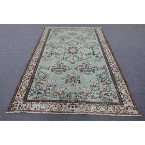 Alfombra de lana clásica vintage de 5,5x9,3 pies, verde, beige, patrón Floral, respaldo de látex, sala de estar alfombra para, técnica de tejido de diseño Aubusson - Product Image 1