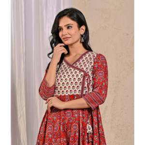 Vestido indio rojo Jaal Jaipuri estampado, Angrakha largo de algodón, Choli con Lehenga y Salwar, estilo Bollywood, Saree - Product Image 1