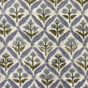 Ánh Sáng Thép Màu Xanh Ấn Độ Hoa Tay Khối In 100% Bông Vải Vải Của Sân Quần Áo Của Phụ Nữ - Product Image 1